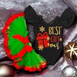 🎄Best Gift Ever Flutter Sleeve Leotard Ribbon Trim Red Green Tutu Skirt 12-24M